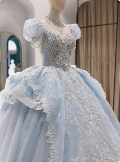 French blue princess puff sleeve dreamy wedding dress P2487