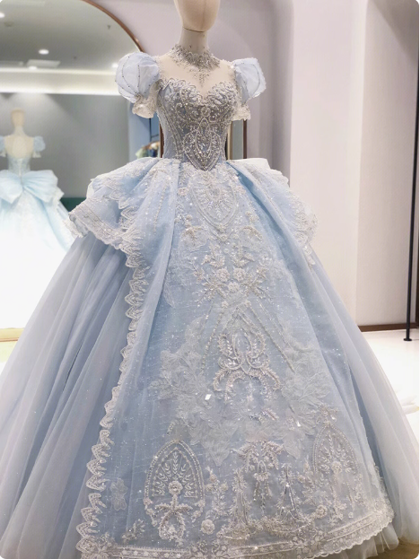 French blue princess puff sleeve dreamy wedding dress P2487
