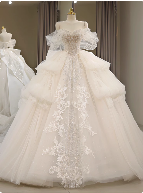 White one-shoulder sweetheart neck tulle luxury heavy-work runaway princess wedding dress P2488