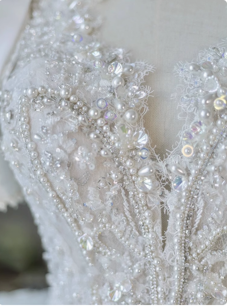 White French V-neck short-sleeved bow pearl luxury heavy-work floor-length wedding dress P2489