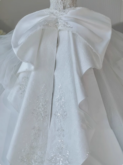 White French V-neck short-sleeved bow pearl luxury heavy-work floor-length wedding dress P2489