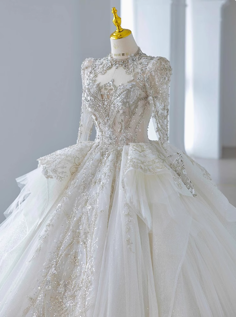 White long-sleeved tulle princess heavy luxury floor-length wedding dress P2490