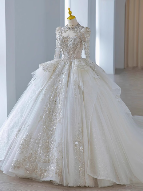 White long-sleeved tulle princess heavy luxury floor-length wedding dress P2490