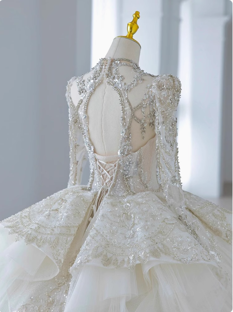 White long-sleeved tulle princess heavy luxury floor-length wedding dress P2490