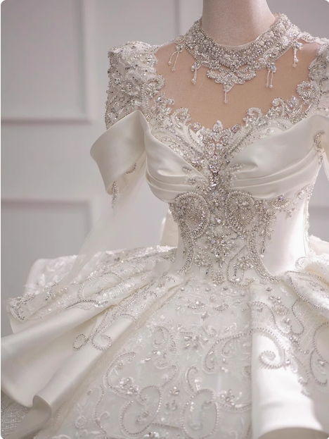 Long Sleeve French Style Sparkling Rhinestone Floor-Length Princess Wedding Dress P2491
