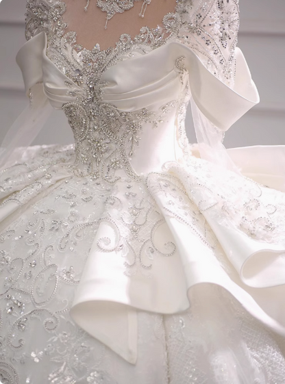 Long Sleeve French Style Sparkling Rhinestone Floor-Length Princess Wedding Dress P2491