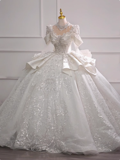 Long Sleeve French Style Sparkling Rhinestone Floor-Length Princess Wedding Dress P2491