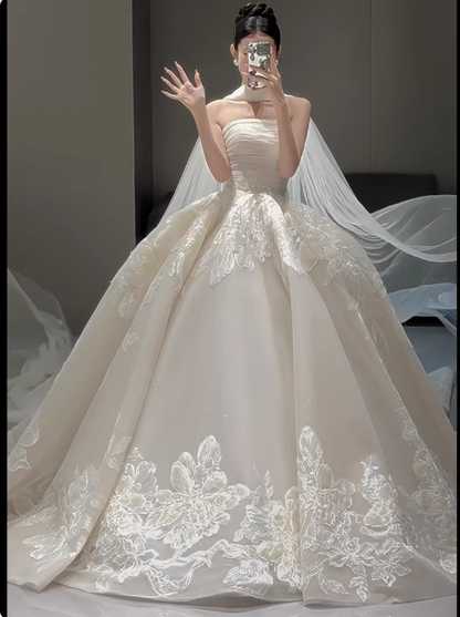 White French style tube top embroidered simple light wedding dress P2492