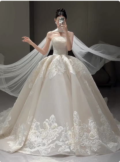 White French style tube top embroidered simple light wedding dress P2492