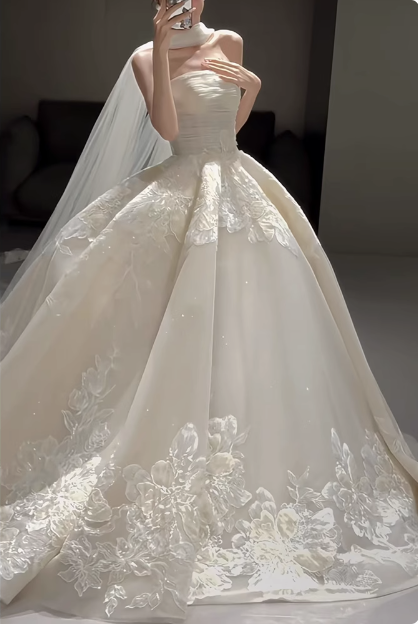 White French style tube top embroidered simple light wedding dress P2492