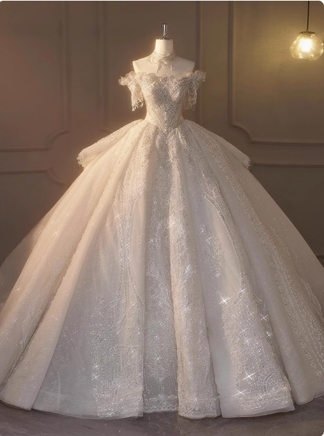 White one-shoulder French beaded light luxury floor-length wedding dress P2493