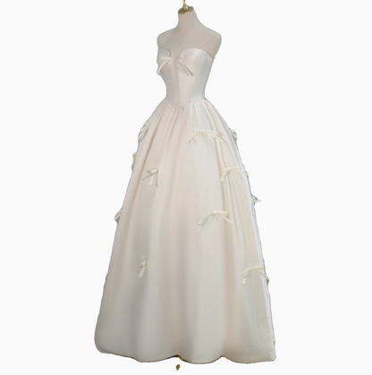 White Strapless Satin A-Line Bow Simple Light Wedding Dress P2494