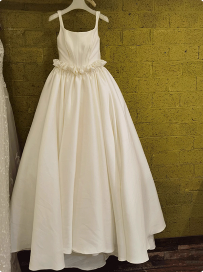 White satin spaghetti straps simple wedding dress P2495