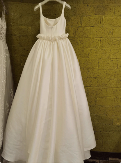 White satin spaghetti straps simple wedding dress P2495