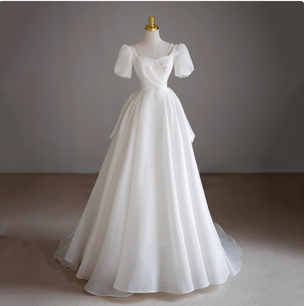 White short-sleeved A-line tulle tie French simple light wedding dress P2496