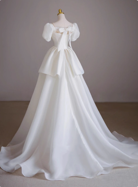 White short-sleeved A-line tulle tie French simple light wedding dress P2496