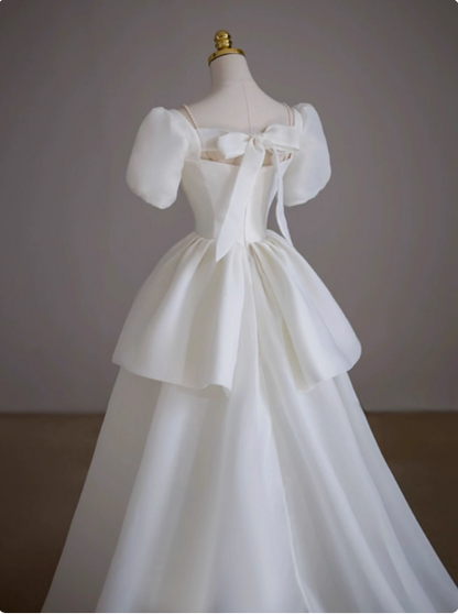 White short-sleeved A-line tulle tie French simple light wedding dress P2496