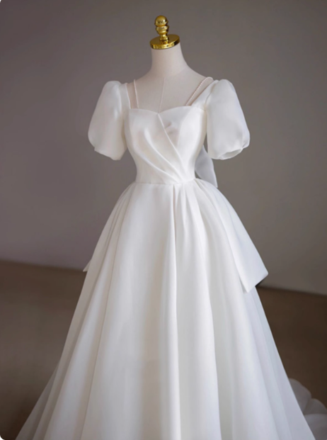 White short-sleeved A-line tulle tie French simple light wedding dress P2496