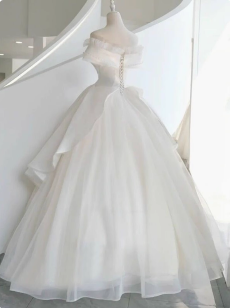 White French one-shoulder A-line satin off-shoulder elegant wedding dress P2497