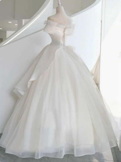 White French one-shoulder A-line satin off-shoulder elegant wedding dress P2497