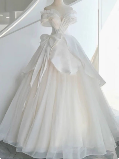 White French one-shoulder A-line satin off-shoulder elegant wedding dress P2497