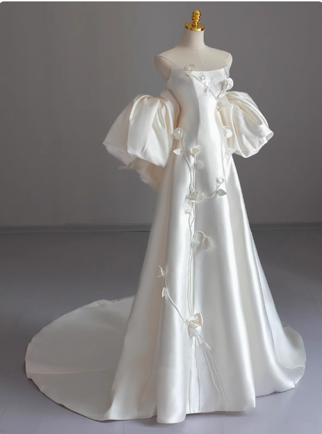 White sleeveless satin tube top elegant light wedding dress P2499