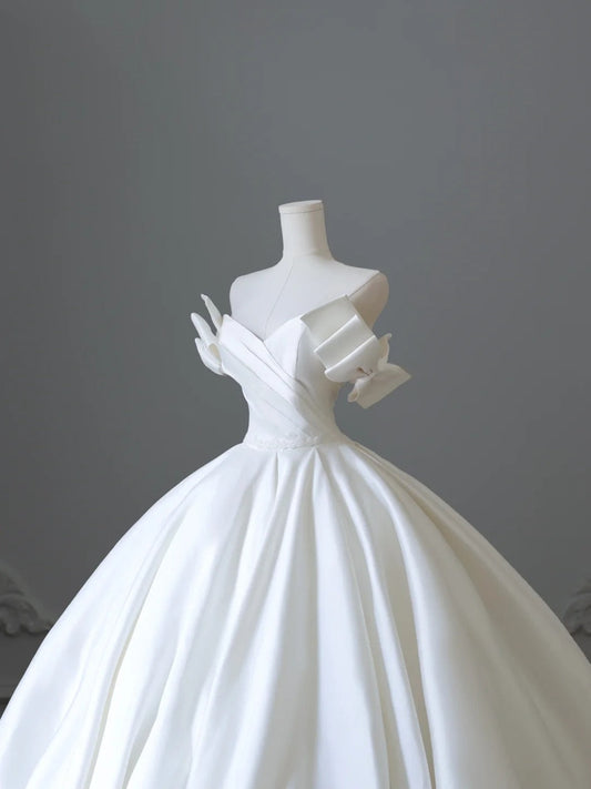 Classic V-neck bow elegant satin white light wedding dress P2501