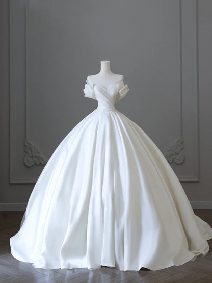 Classic V-neck bow elegant satin white light wedding dress P2501