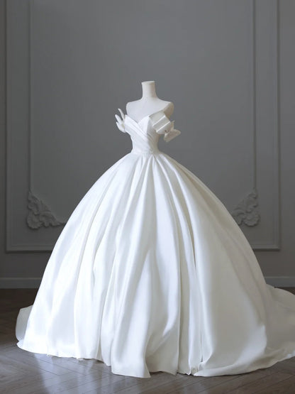 Classic V-neck bow elegant satin white light wedding dress P2501