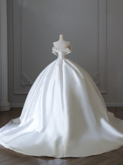 Classic V-neck bow elegant satin white light wedding dress P2501