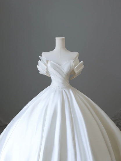 Classic V-neck bow elegant satin white light wedding dress P2501