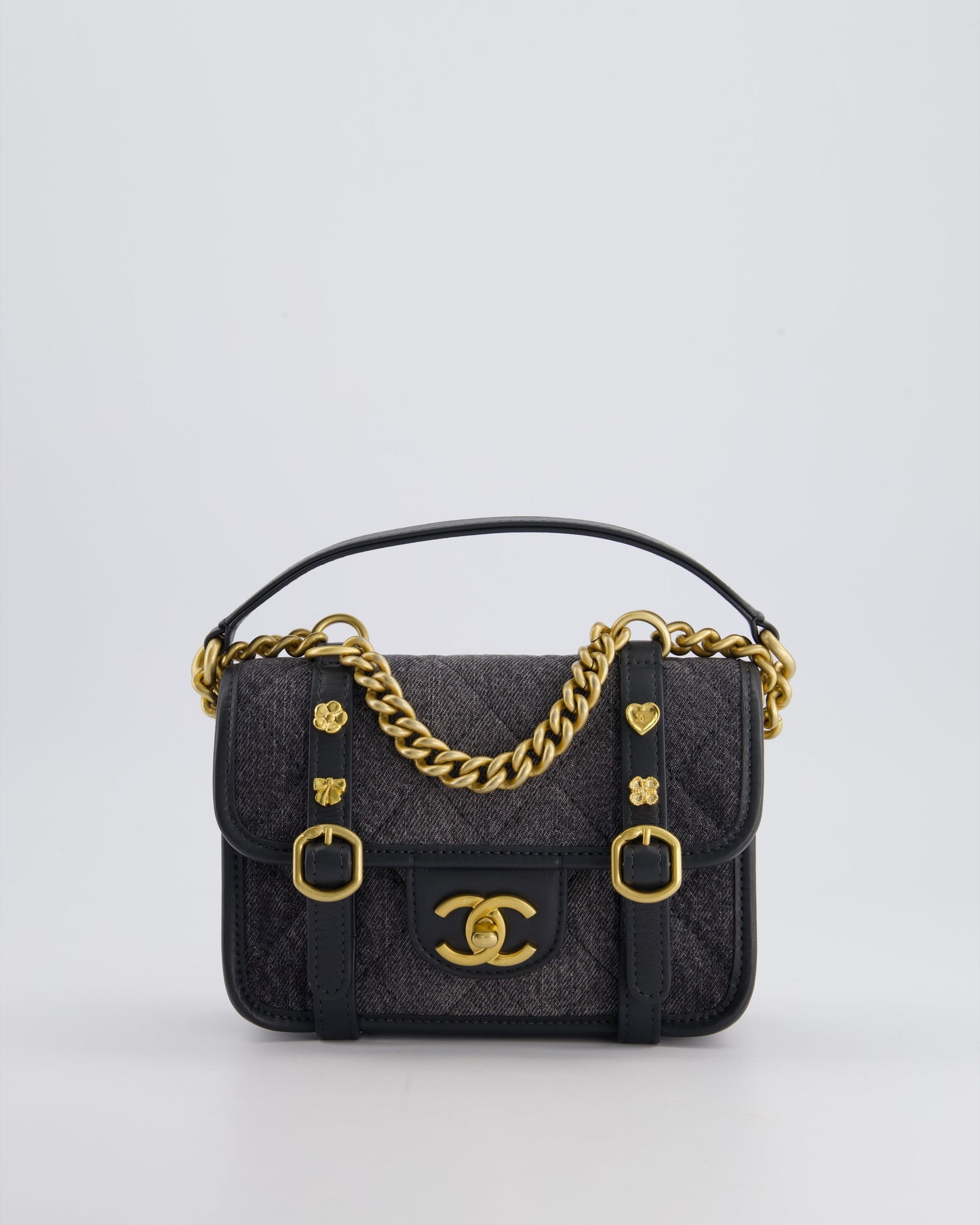 Chanel Grey Mini Denim Flap Bag with Brushed Gold Hardware and Charm Detail