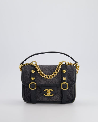 Chanel Grey Mini Denim Flap Bag with Brushed Gold Hardware and Charm Detail