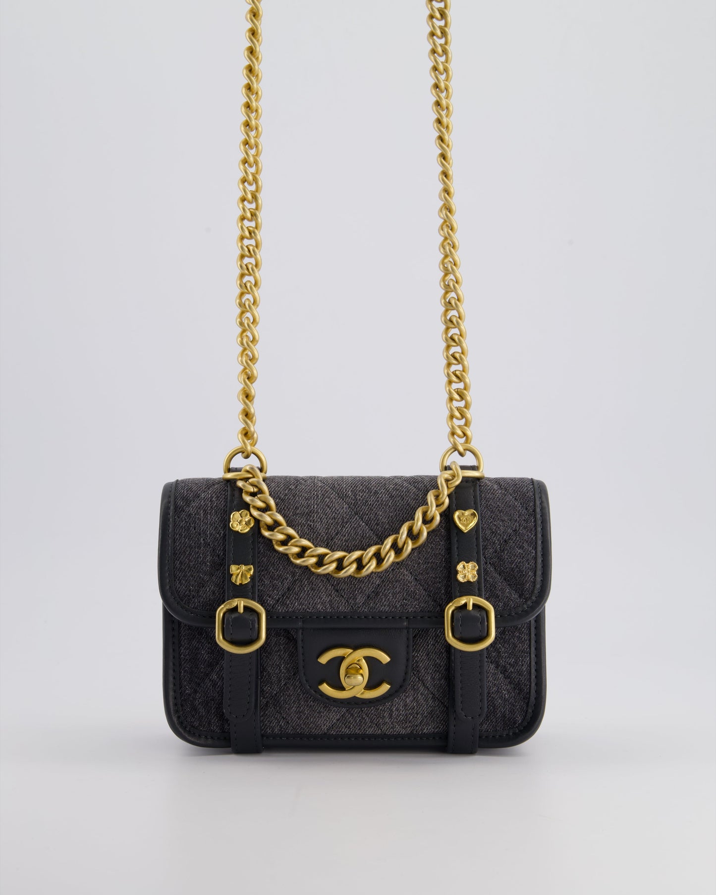 Chanel Grey Mini Denim Flap Bag with Brushed Gold Hardware and Charm Detail
