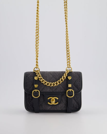 Chanel Grey Mini Denim Flap Bag with Brushed Gold Hardware and Charm Detail