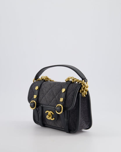 Chanel Grey Mini Denim Flap Bag with Brushed Gold Hardware and Charm Detail