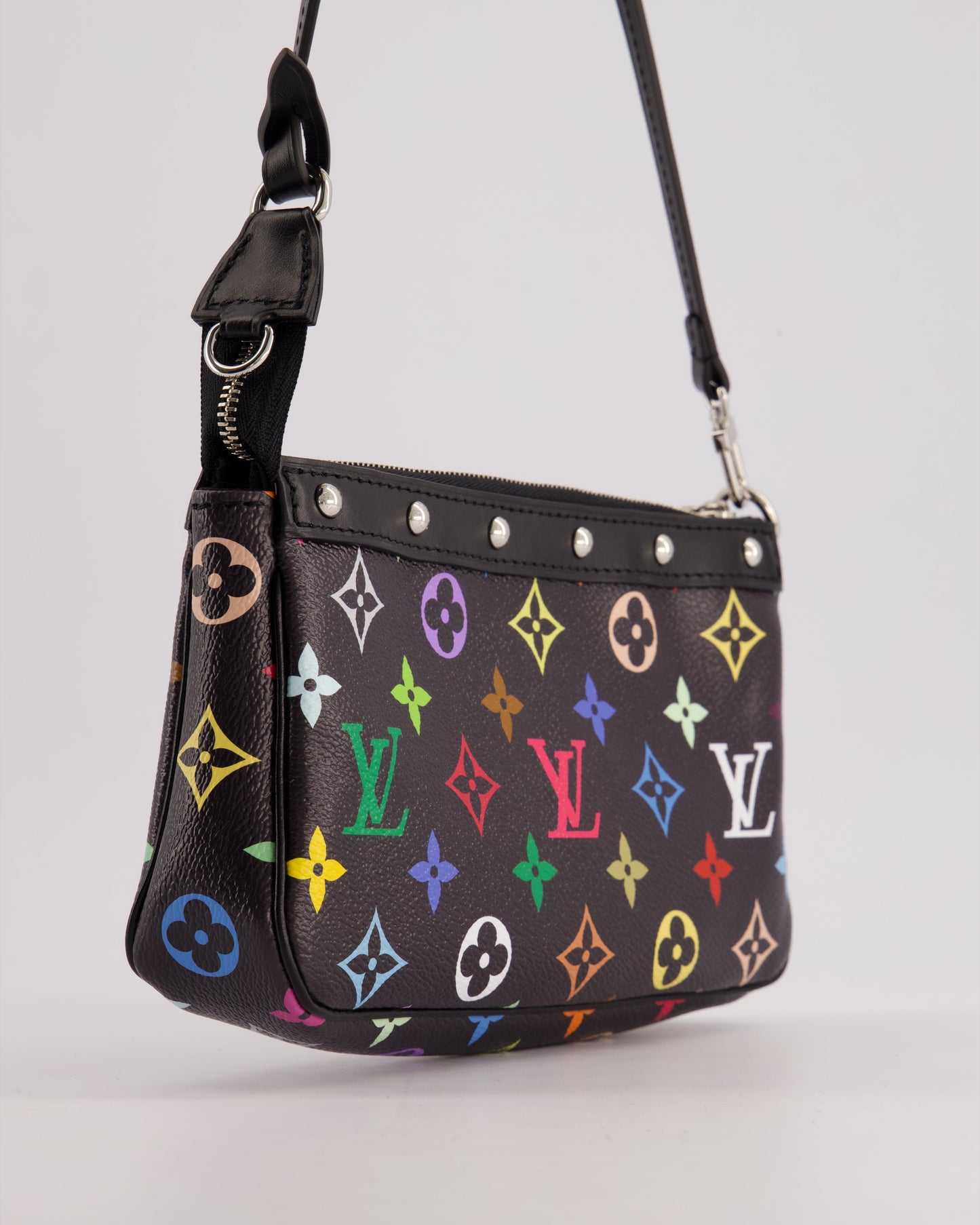 *NEW* Louis Vuitton X Takashi Murakami Black Pochette Accessories Bag in Coated Canvas & Calfskin Leather with Silver Hardware