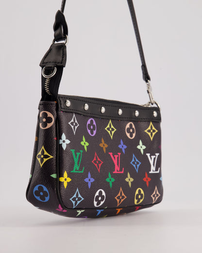 *NEW* Louis Vuitton X Takashi Murakami Black Pochette Accessories Bag in Coated Canvas & Calfskin Leather with Silver Hardware