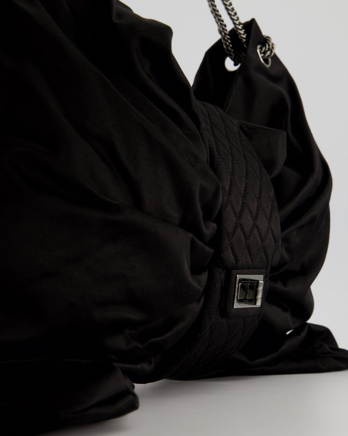 Chanel Black Large Satin Bow Reissue Shoulder Bag with Quilted Flap Detail and Silver Hardware