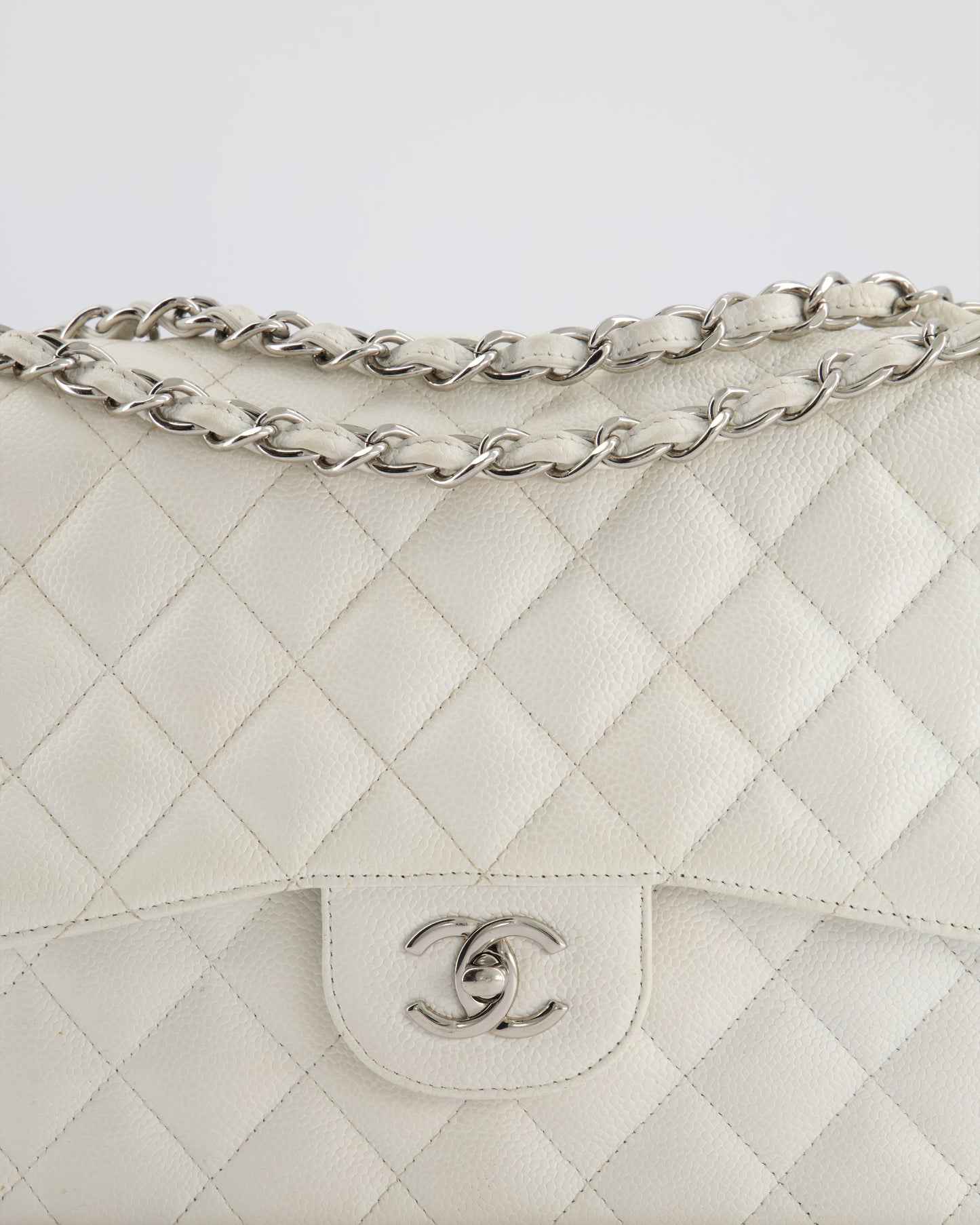 Chanel White Jumbo Classic Double Flap Bag in Caviar Leather with Silver Hardware