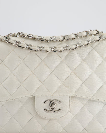 Chanel White Jumbo Classic Double Flap Bag in Caviar Leather with Silver Hardware