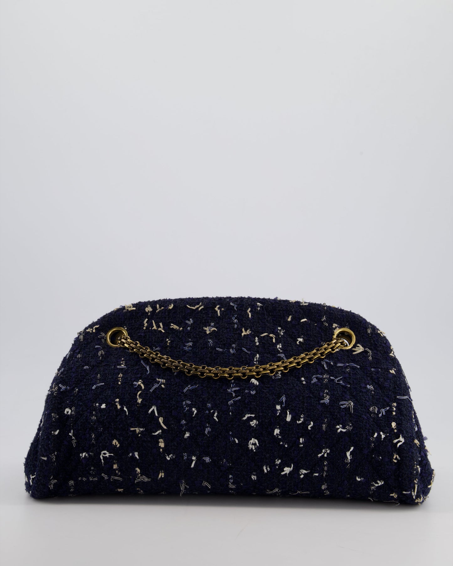 Chanel Navy Blue & White Tweed Mademoiselle Shoulder Bag With Antique Gold Hardware