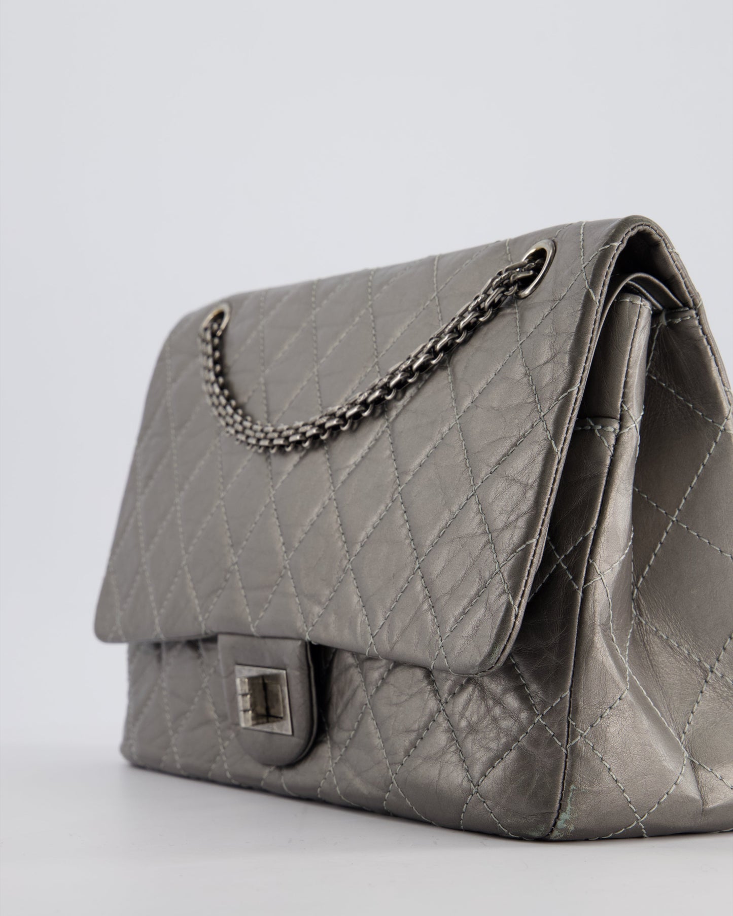 Chanel 2.55 Jumbo Reissue Bag in Metallic Grey Crumpled Calfskin Leather With Gunmetal Hardware