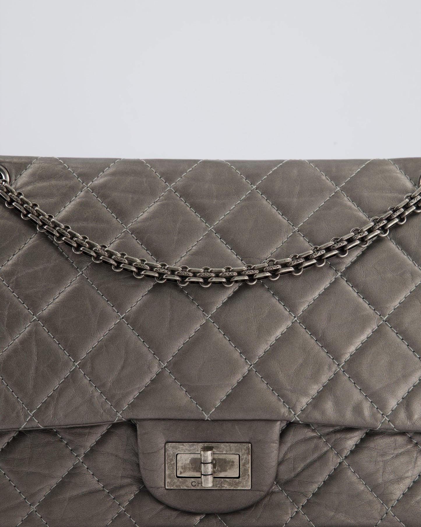 Chanel 2.55 Jumbo Reissue Bag in Metallic Grey Crumpled Calfskin Leather With Gunmetal Hardware