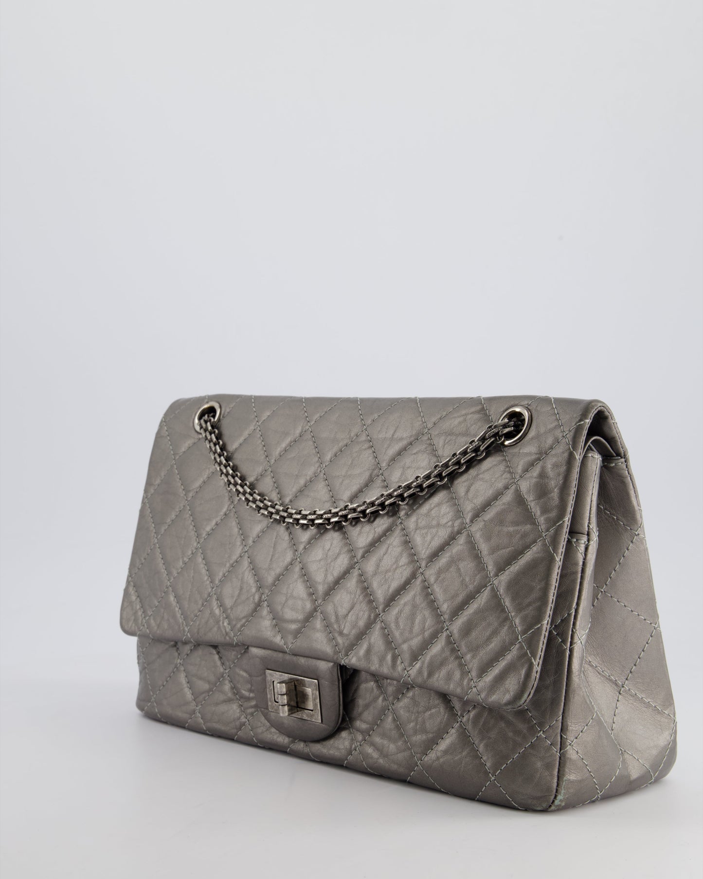Chanel 2.55 Jumbo Reissue Bag in Metallic Grey Crumpled Calfskin Leather With Gunmetal Hardware