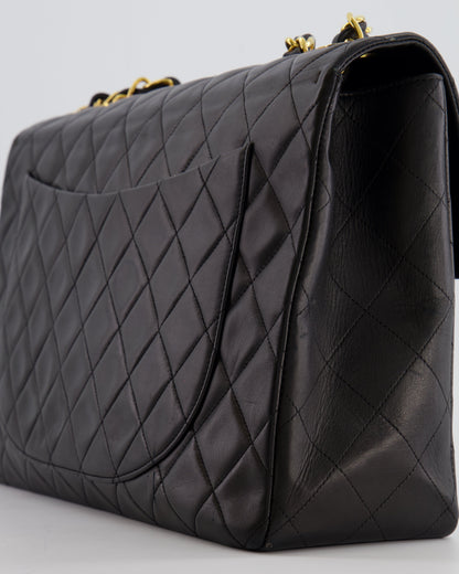 Chanel Vintage Black XL Jumbo Single Classic Flap Bag in Lambskin Leather with 24K Gold Hardware
