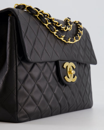 Chanel Vintage Black XL Jumbo Single Classic Flap Bag in Lambskin Leather with 24K Gold Hardware