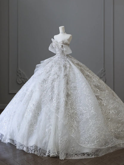 Dreamy lace off-shoulder sparkling rhinestone princess floor-length light luxury heavy-duty wedding dress P2503