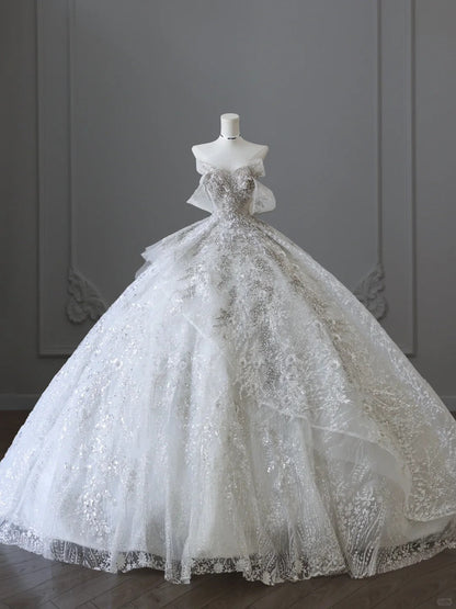 Dreamy lace off-shoulder sparkling rhinestone princess floor-length light luxury heavy-duty wedding dress P2503