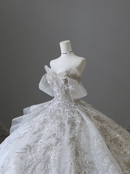 Dreamy lace off-shoulder sparkling rhinestone princess floor-length light luxury heavy-duty wedding dress P2503